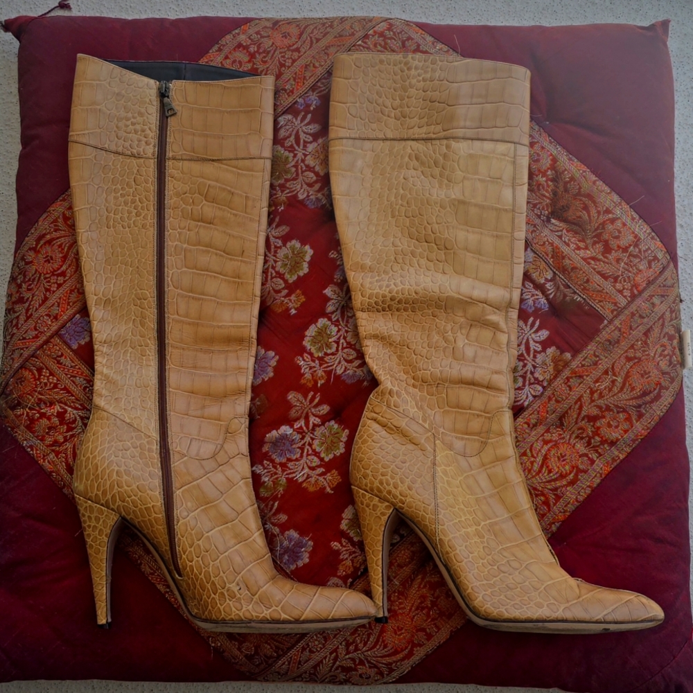Prada Camel Embossed To the knee zip up healed boots